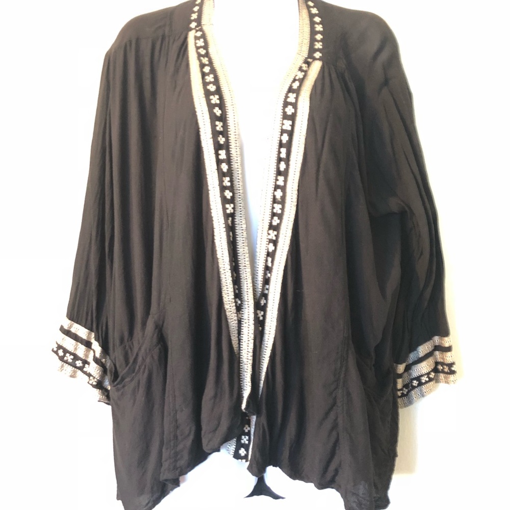 Black & Silver Embroidered Linen Open Front Kimono